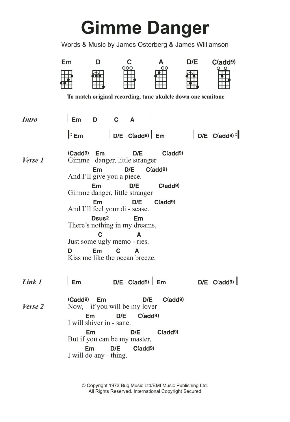 Iggy & The Stooges Gimme Danger sheet music notes and chords arranged for Ukulele