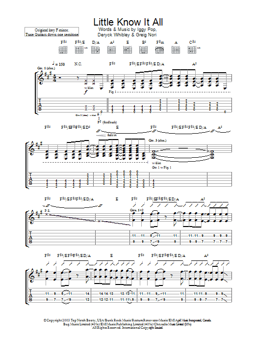Iggy Pop & Sum 41 Little Know It All sheet music notes and chords arranged for Guitar Tab