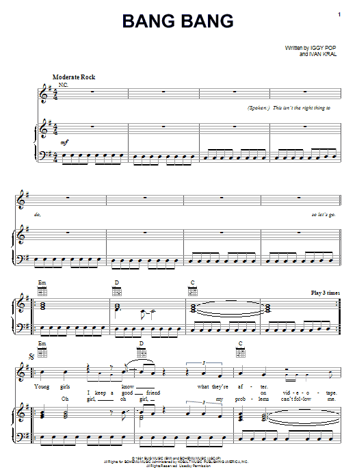 Iggy Pop Bang Bang sheet music notes and chords arranged for Piano, Vocal & Guitar Chords (Right-Hand Melody)