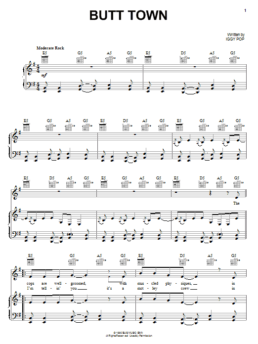 Iggy Pop Butt Town sheet music notes and chords arranged for Piano, Vocal & Guitar Chords (Right-Hand Melody)