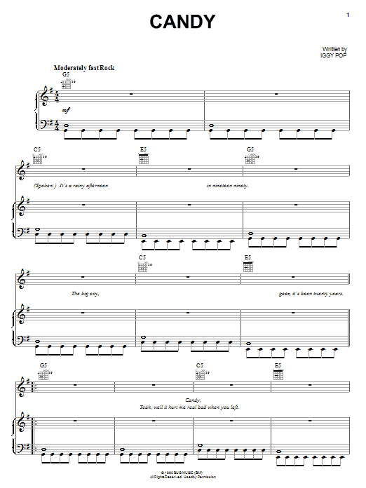 Iggy Pop Candy sheet music notes and chords arranged for Piano, Vocal & Guitar Chords (Right-Hand Melody)