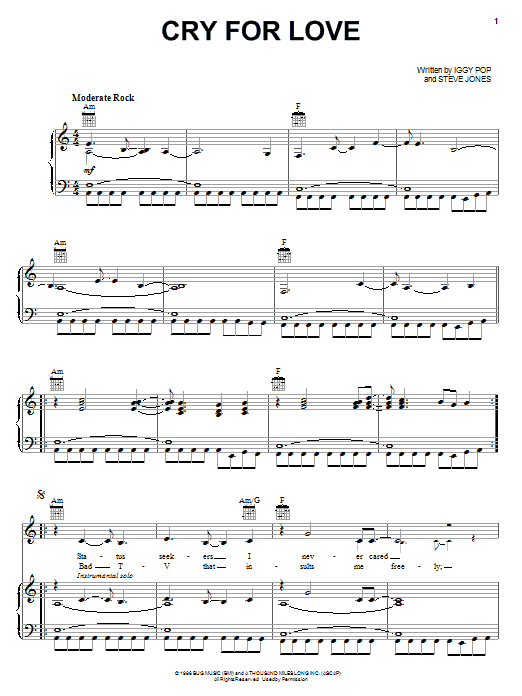 Iggy Pop Cry For Love sheet music notes and chords arranged for Piano, Vocal & Guitar Chords (Right-Hand Melody)