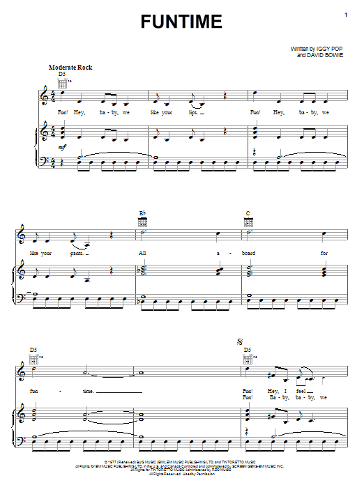 Iggy Pop Funtime sheet music notes and chords arranged for Piano, Vocal & Guitar Chords (Right-Hand Melody)