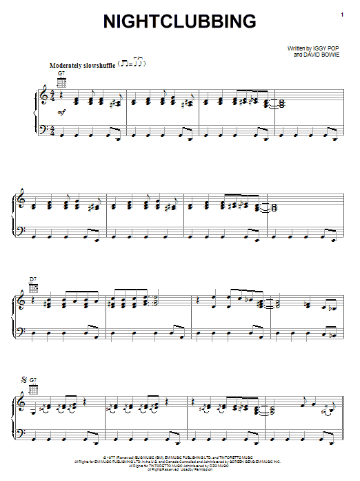Iggy Pop Nightclubbing sheet music notes and chords arranged for Piano, Vocal & Guitar Chords (Right-Hand Melody)