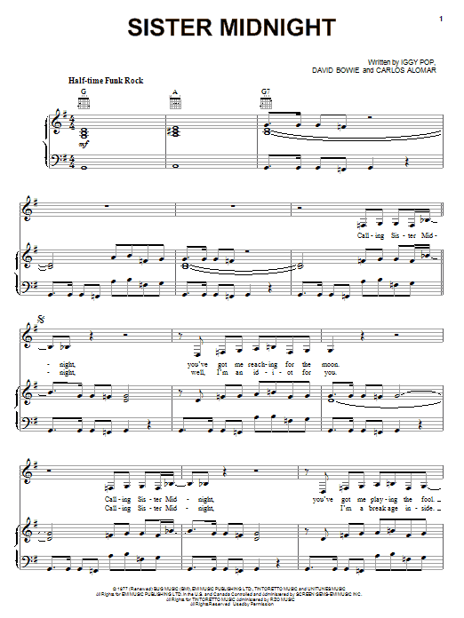 Iggy Pop Sister Midnight sheet music notes and chords arranged for Piano, Vocal & Guitar Chords (Right-Hand Melody)