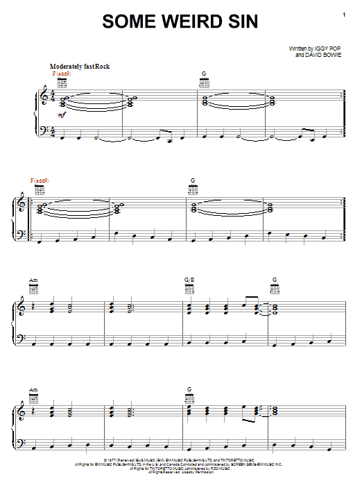 Iggy Pop Some Weird Sin sheet music notes and chords arranged for Piano, Vocal & Guitar Chords (Right-Hand Melody)
