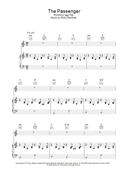 Iggy Pop The Passenger sheet music notes and chords arranged for Piano, Vocal & Guitar Chords
