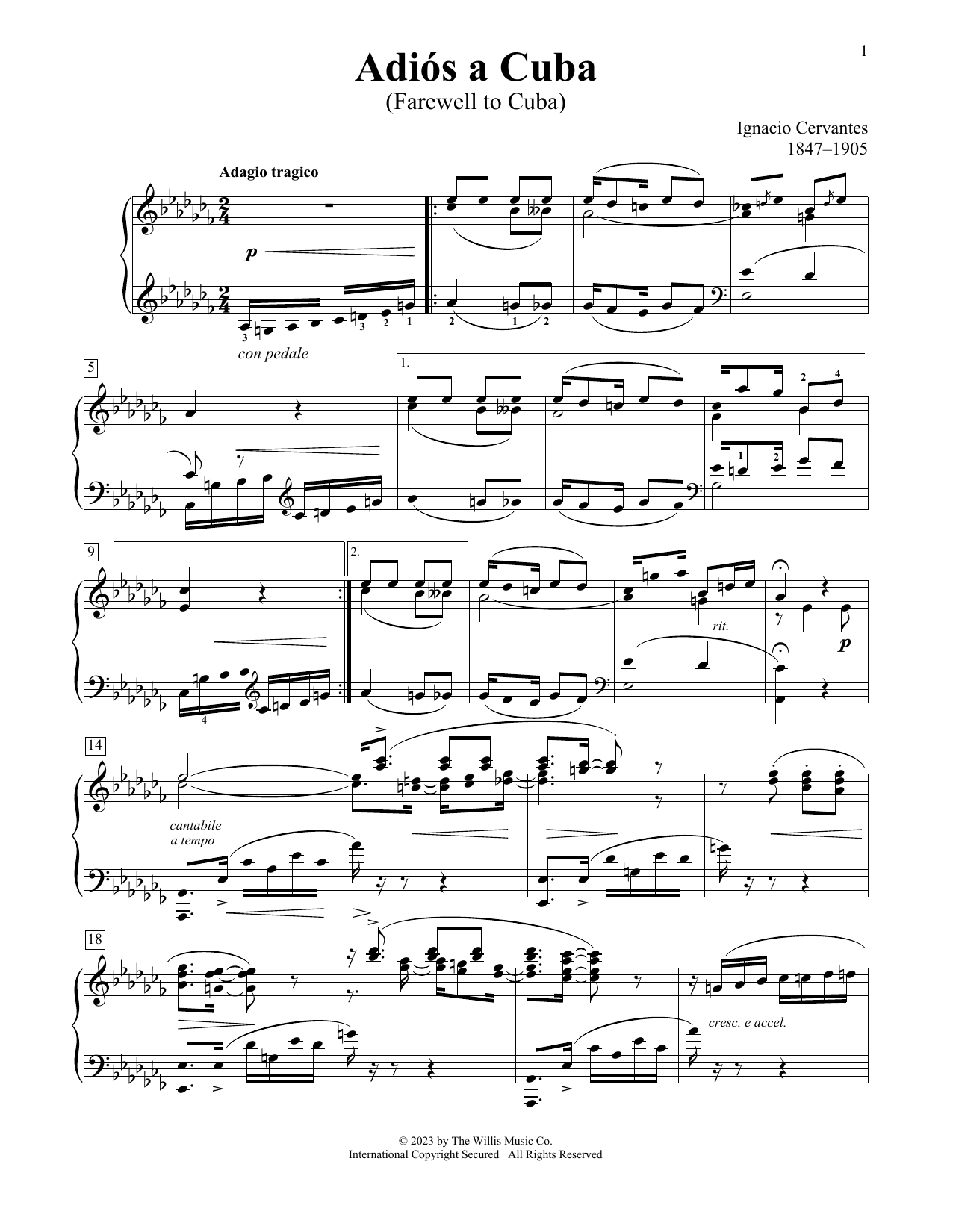 Ignacio Cervantes Adios A Cuba (Farewell To Cuba) sheet music notes and chords arranged for Educational Piano
