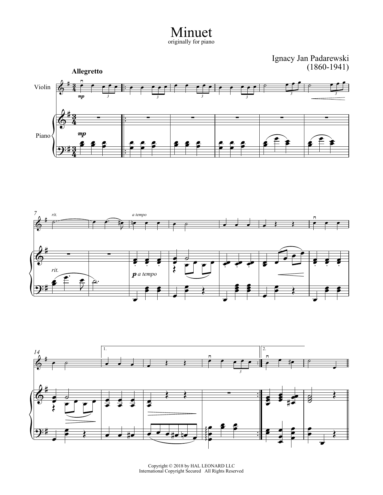 Ignacy Jan Padarewski Minuet In G sheet music notes and chords arranged for Violin and Piano