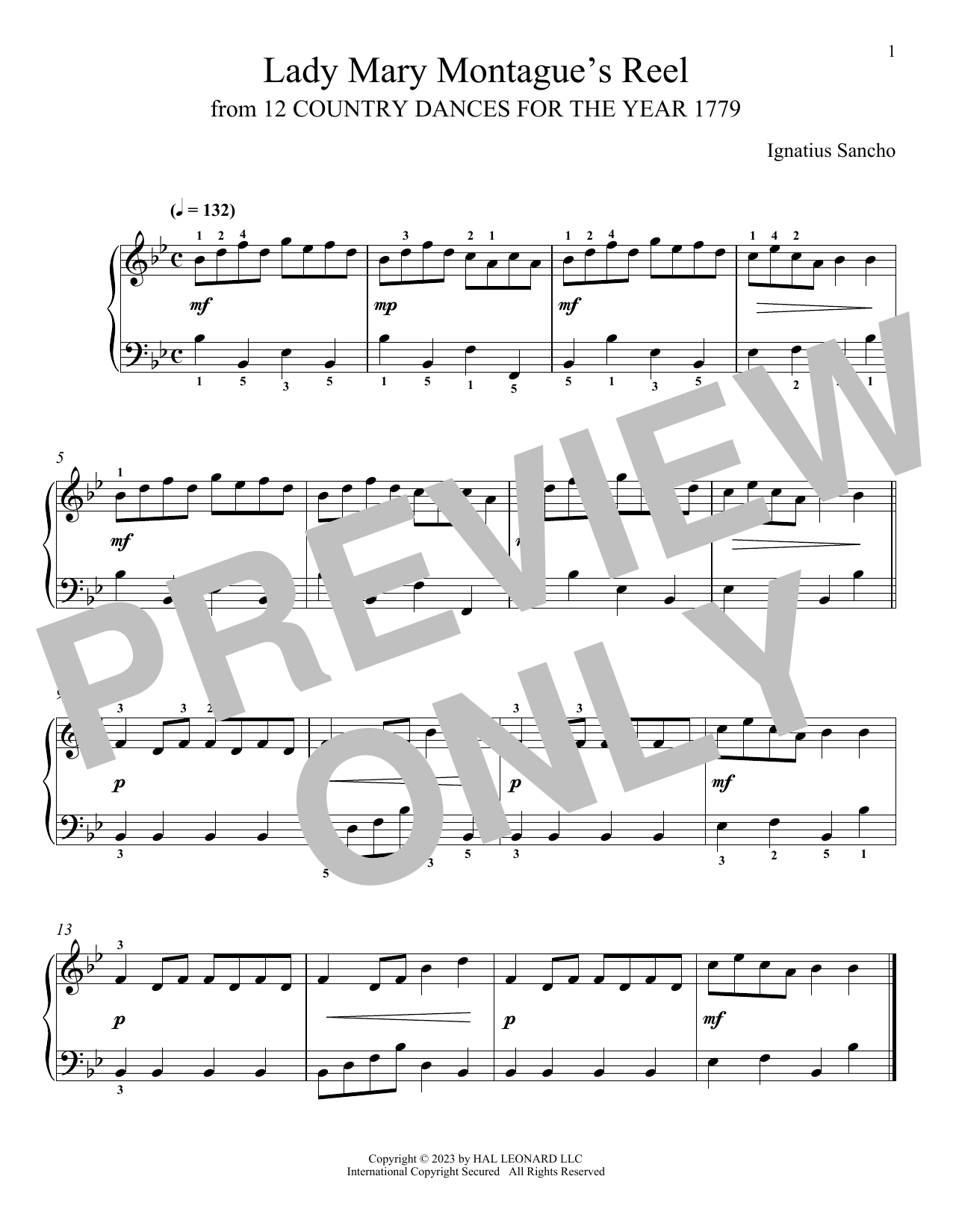 Ignatius Sancho Lady Mary Montague's Reel sheet music notes and chords arranged for Piano Solo