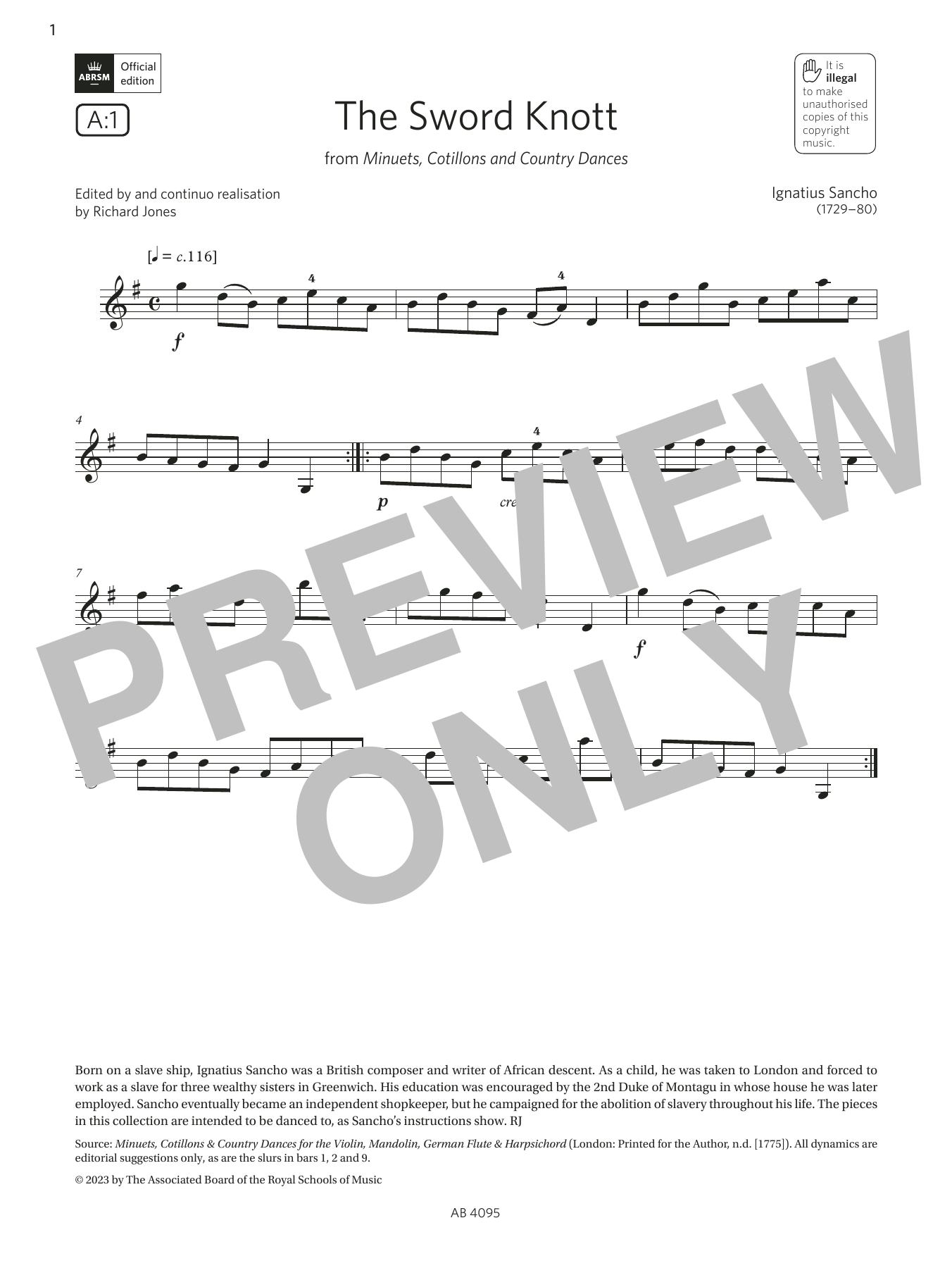 Ignatius Sancho The Sword Knott (Grade 1, A1, from the ABRSM Violin Syllabus from 2024) sheet music notes and chords arranged for Violin Solo