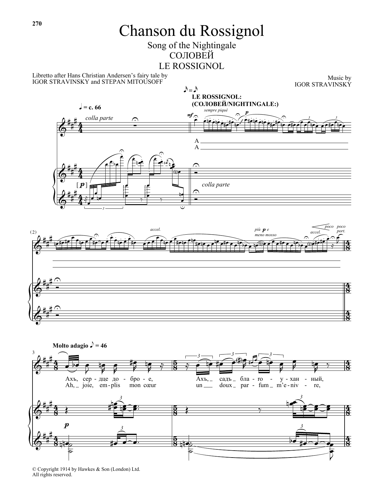 Igor Stravinsky Chanson du Rossignol (Song Of The Nightingale) sheet music notes and chords arranged for Piano & Vocal
