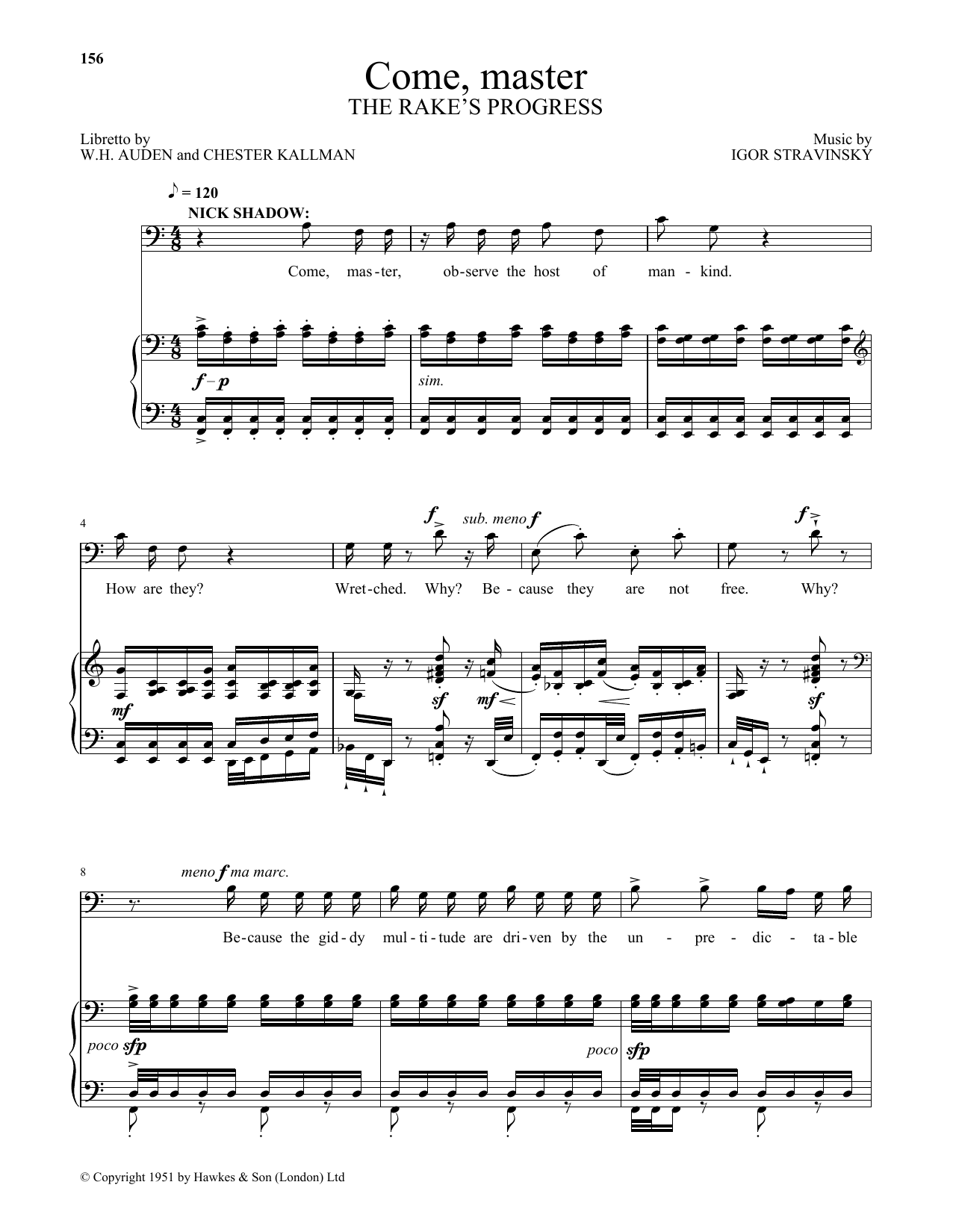 Igor Stravinsky Come, master (from The Rake's Progress) sheet music notes and chords arranged for Piano & Vocal