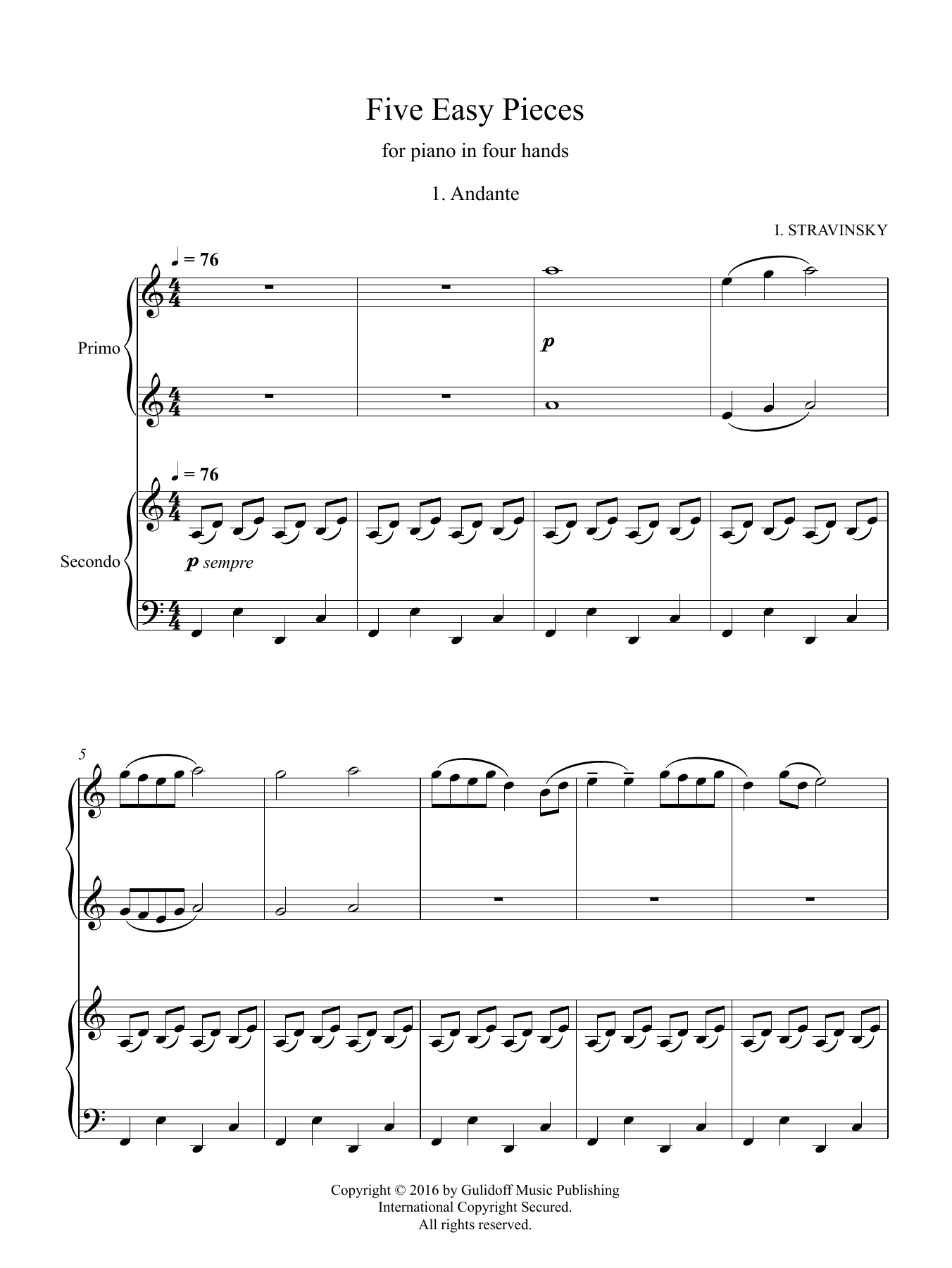 Igor Stravinsky Five Easy Pieces for piano in four hands, No. 1: Andante sheet music notes and chords arranged for Piano Duet
