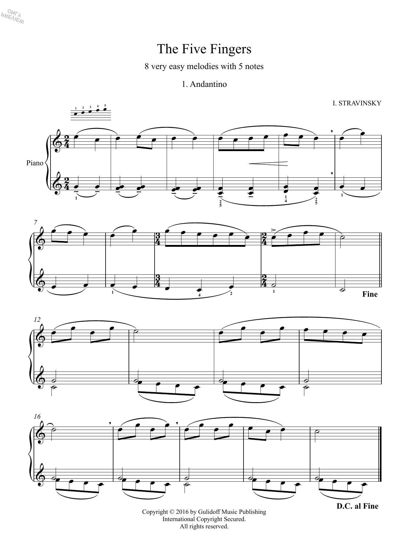 Igor Stravinsky Five Fingers: 1. Andantino sheet music notes and chords arranged for Piano Solo