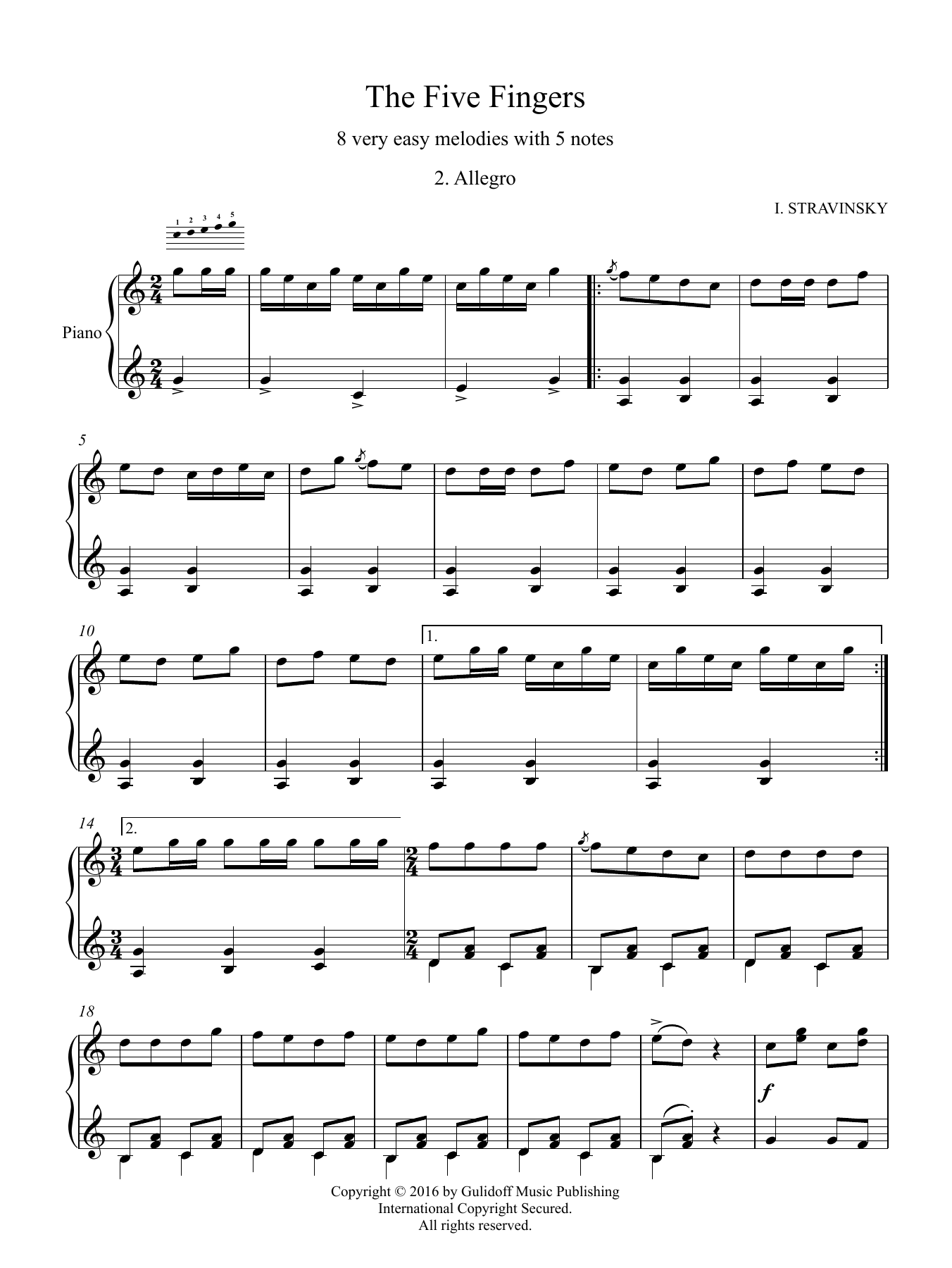 Igor Stravinsky Five Fingers: 2. Allegro sheet music notes and chords arranged for Piano Solo