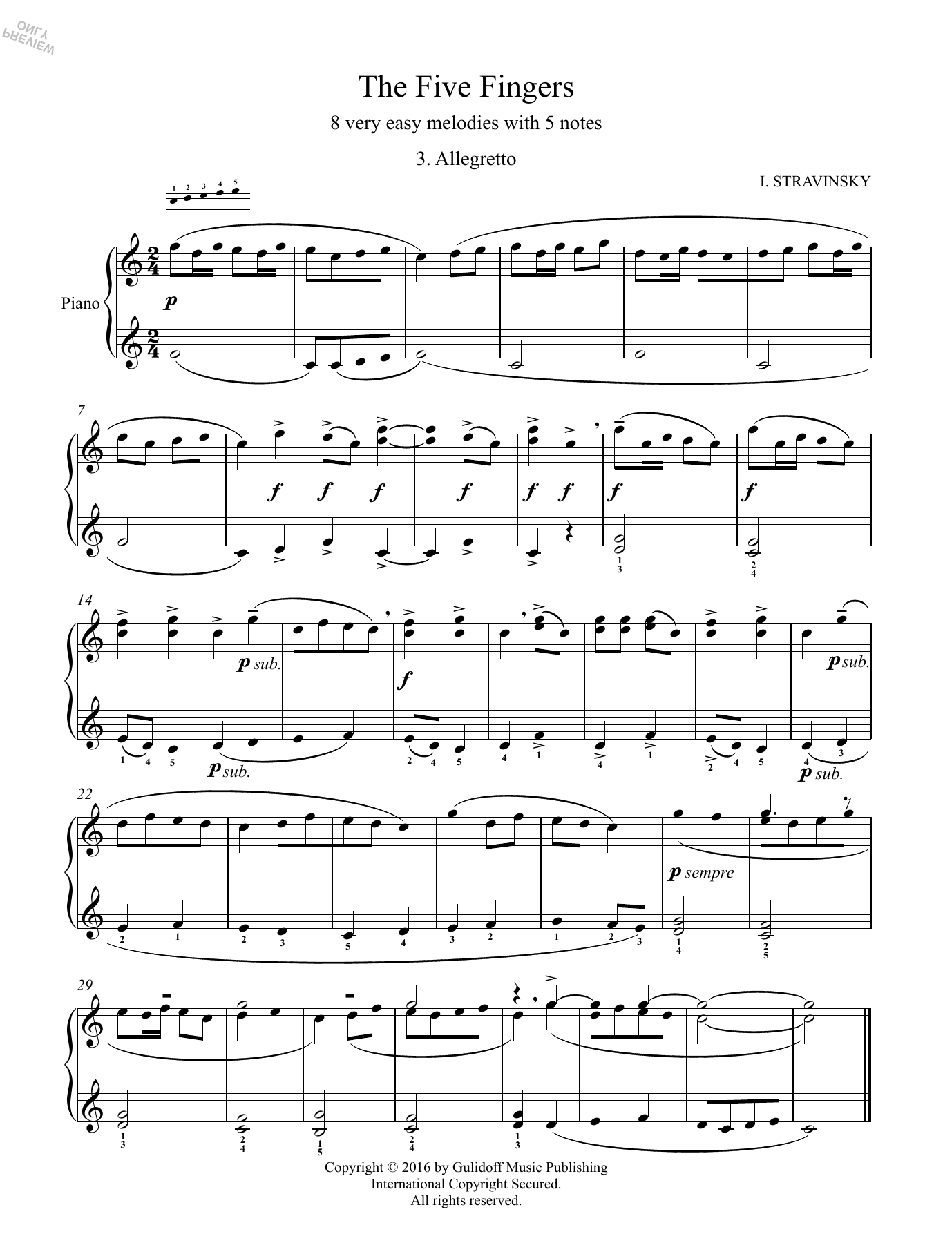Igor Stravinsky Five Fingers: 3. Allegretto sheet music notes and chords arranged for Piano Solo