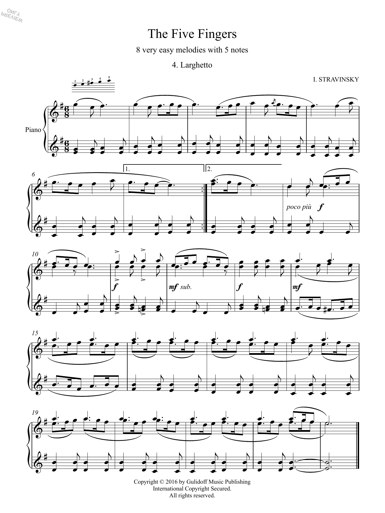 Igor Stravinsky Five Fingers: 4. Larghetto sheet music notes and chords arranged for Piano Solo