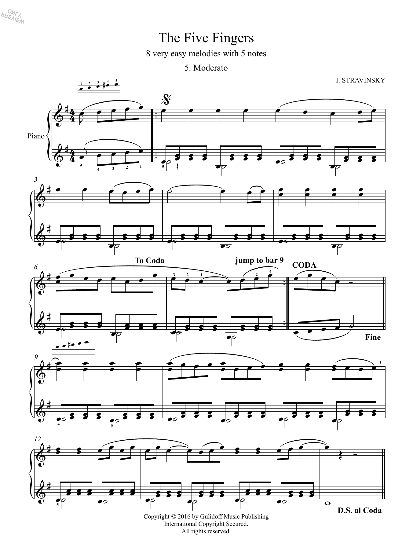 Igor Stravinsky Five Fingers: 5. Moderato sheet music notes and chords arranged for Piano Solo