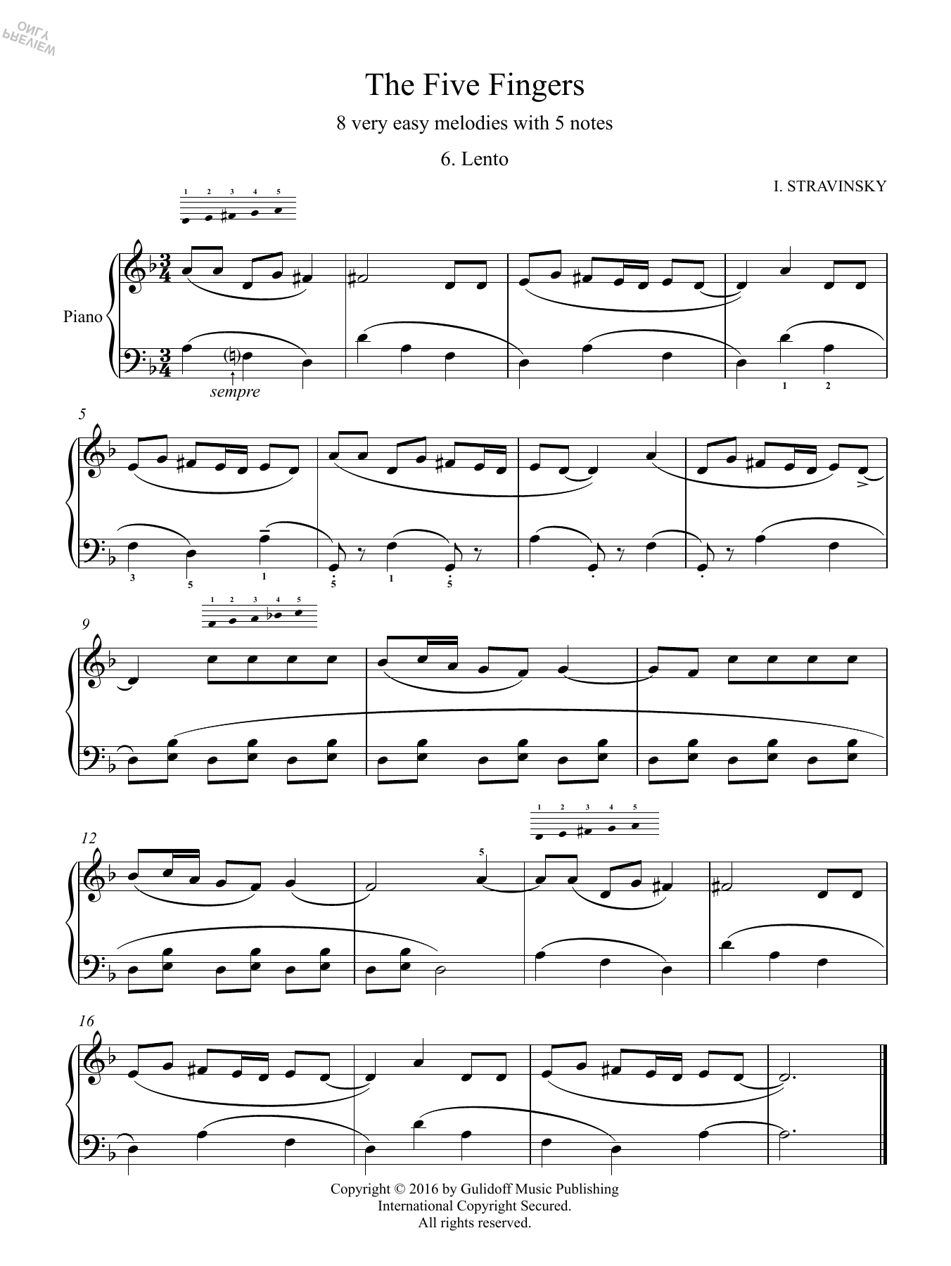 Igor Stravinsky Five Fingers: 6. Lento sheet music notes and chords arranged for Piano Solo