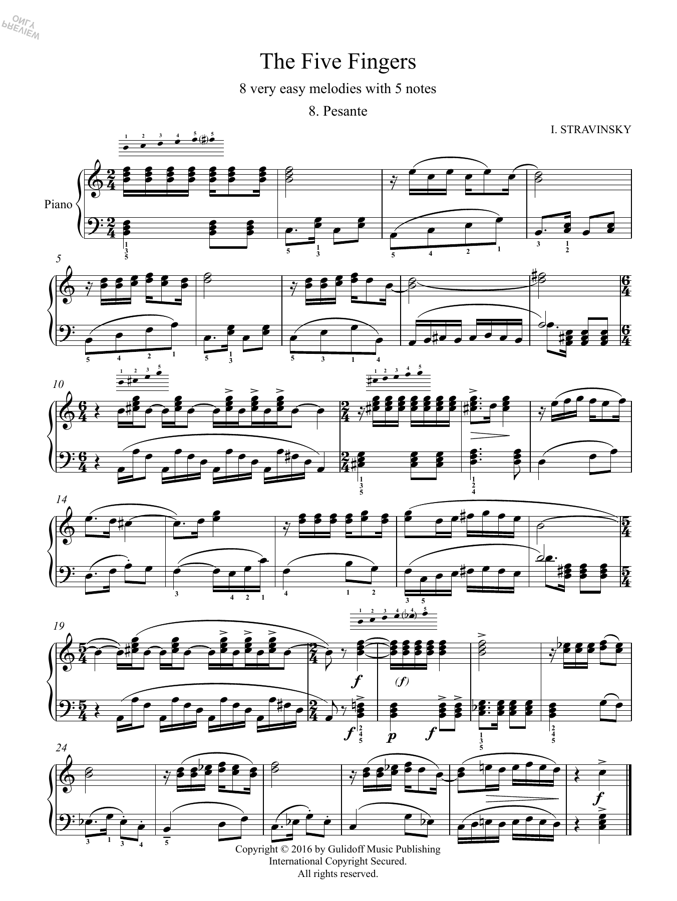 Igor Stravinsky Five Fingers: 8. Pesante sheet music notes and chords arranged for Piano Solo