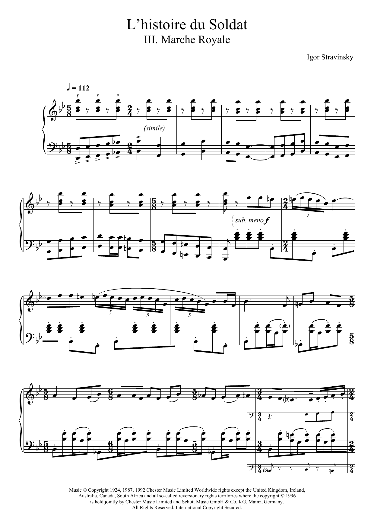 Igor Stravinsky L'histoire Du Soldat, III. Marche Royale sheet music notes and chords arranged for Piano Solo