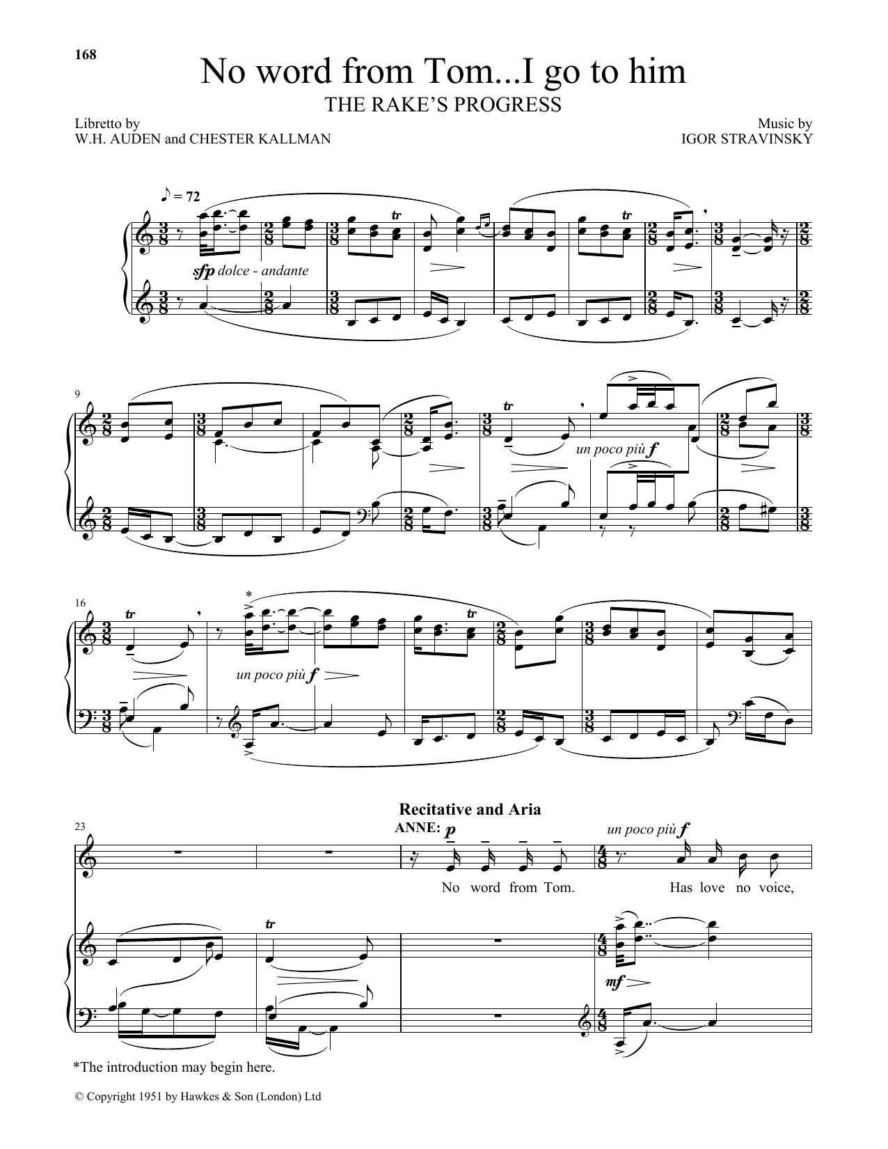 Igor Stravinsky No word from Tom...I go to him (from The Rake's Progress) sheet music notes and chords arranged for Piano & Vocal