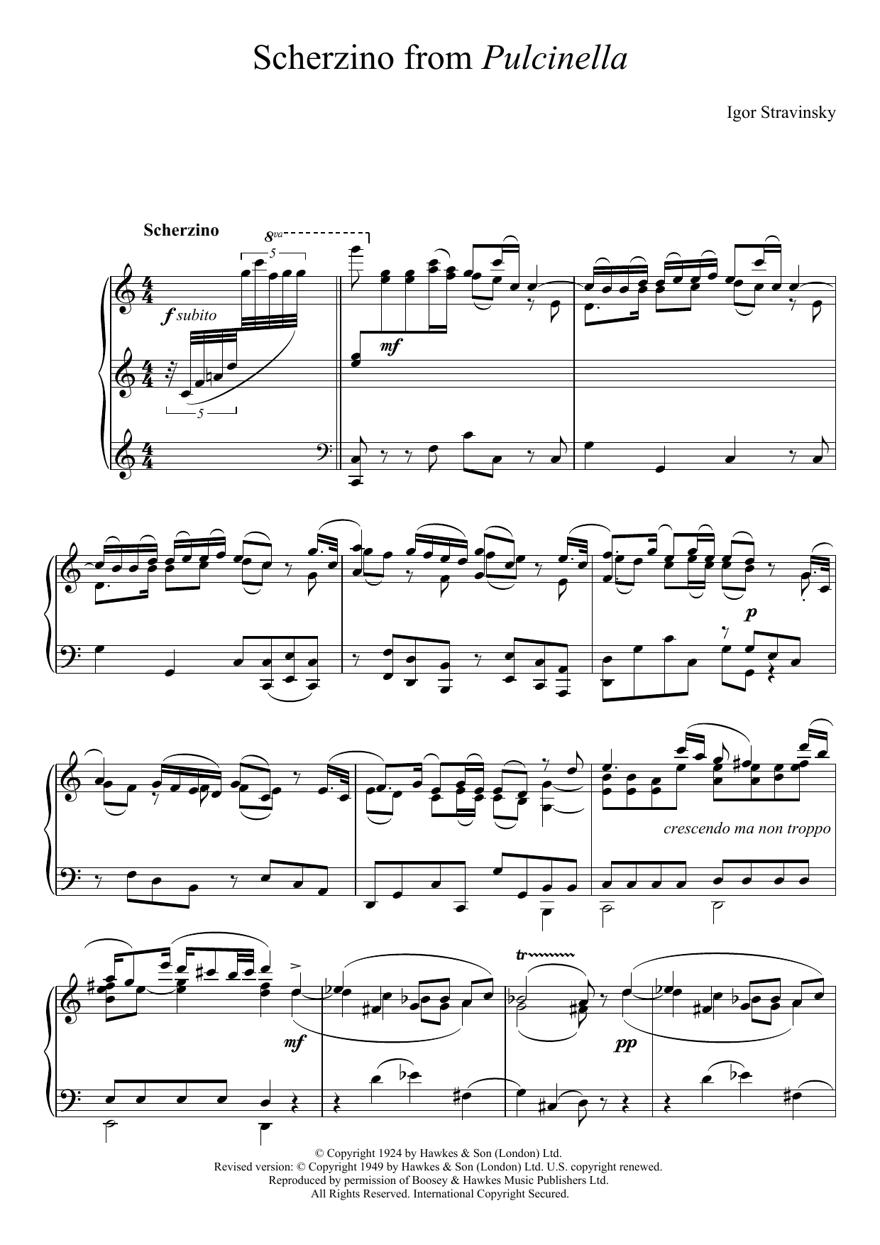 Igor Stravinsky Scherzino from Pulcinella sheet music notes and chords arranged for Piano Solo