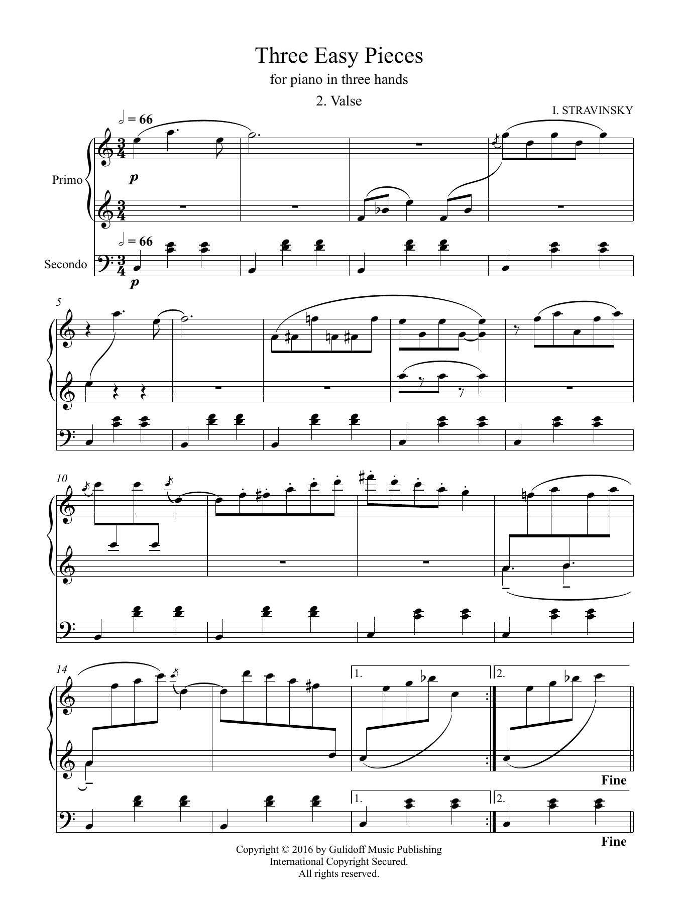 Igor Stravinsky Three Easy Pieces for piano in three hands 2. Valse sheet music notes and chords arranged for Piano Duet
