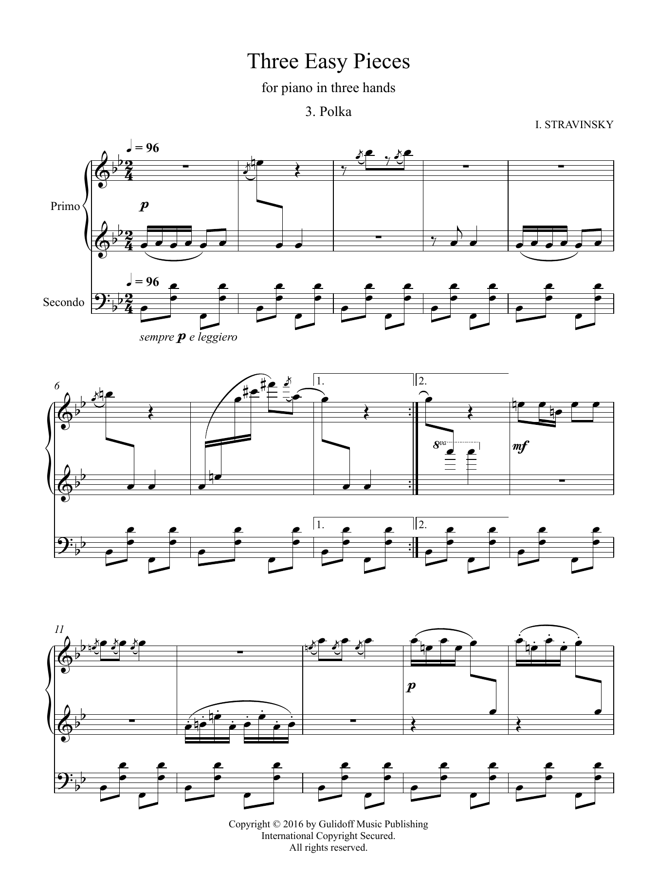 Igor Stravinsky Three Easy Pieces for piano in three hands 3. Polka sheet music notes and chords arranged for Piano Duet