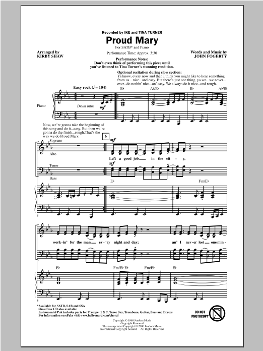 Ike & Tina Turner Proud Mary (arr. Kirby Shaw) sheet music notes and chords arranged for SAB Choir