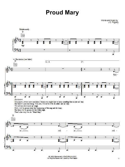 Ike & Tina Turner Proud Mary sheet music notes and chords arranged for Piano, Vocal & Guitar Chords (Right-Hand Melody)
