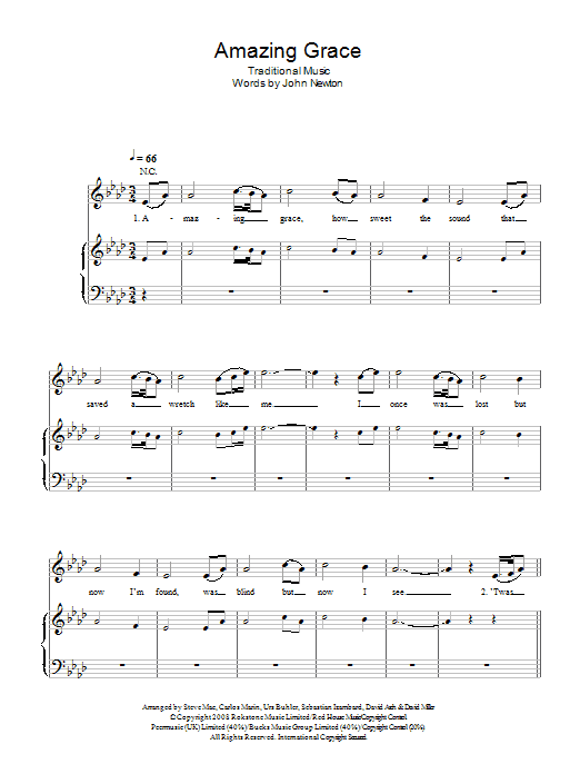 Il Divo Amazing Grace sheet music notes and chords arranged for Piano, Vocal & Guitar Chords