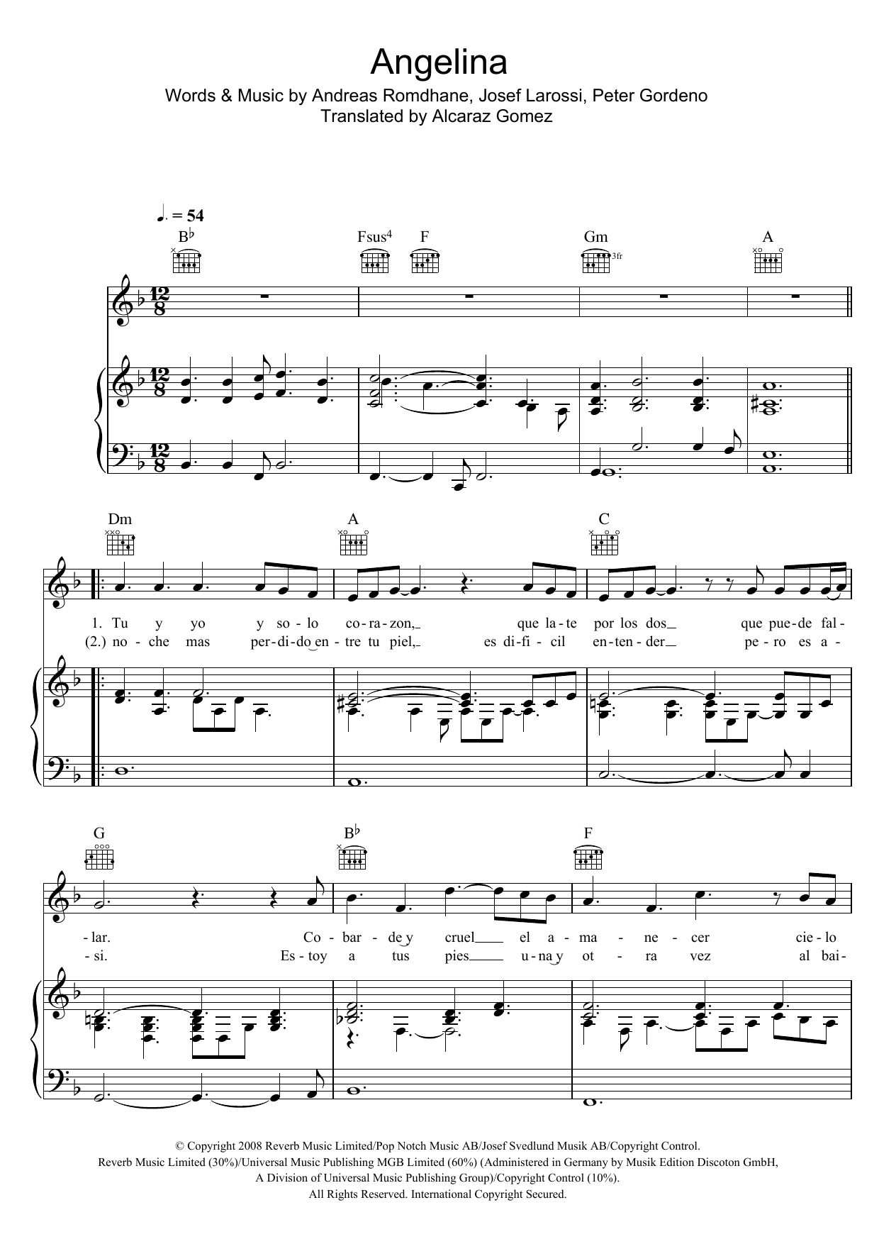 Il Divo Angelina sheet music notes and chords arranged for Piano, Vocal & Guitar Chords