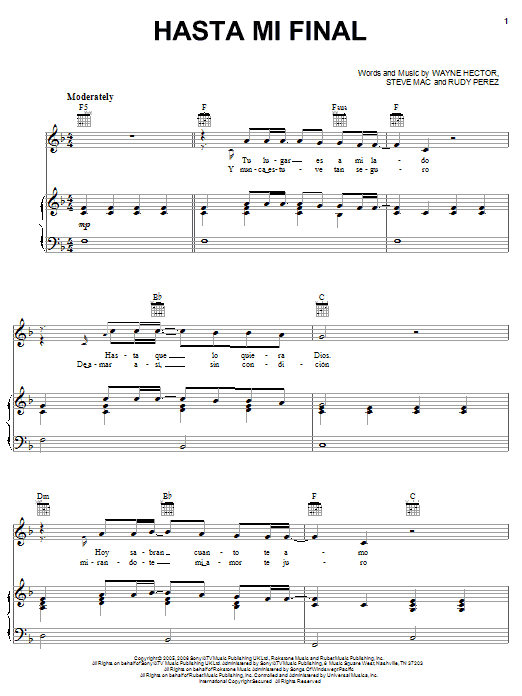 Il Divo Hasta Mi Final sheet music notes and chords arranged for Piano, Vocal & Guitar Chords (Right-Hand Melody)