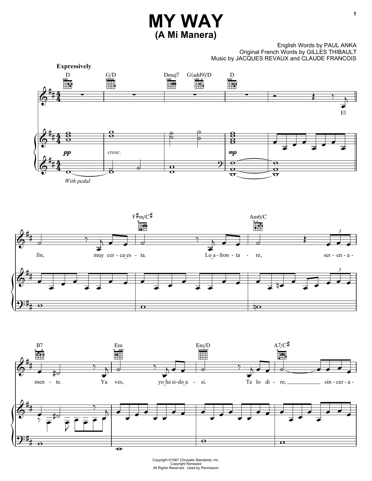 Il Divo My Way (A Mi Manera) sheet music notes and chords arranged for Piano, Vocal & Guitar Chords (Right-Hand Melody)
