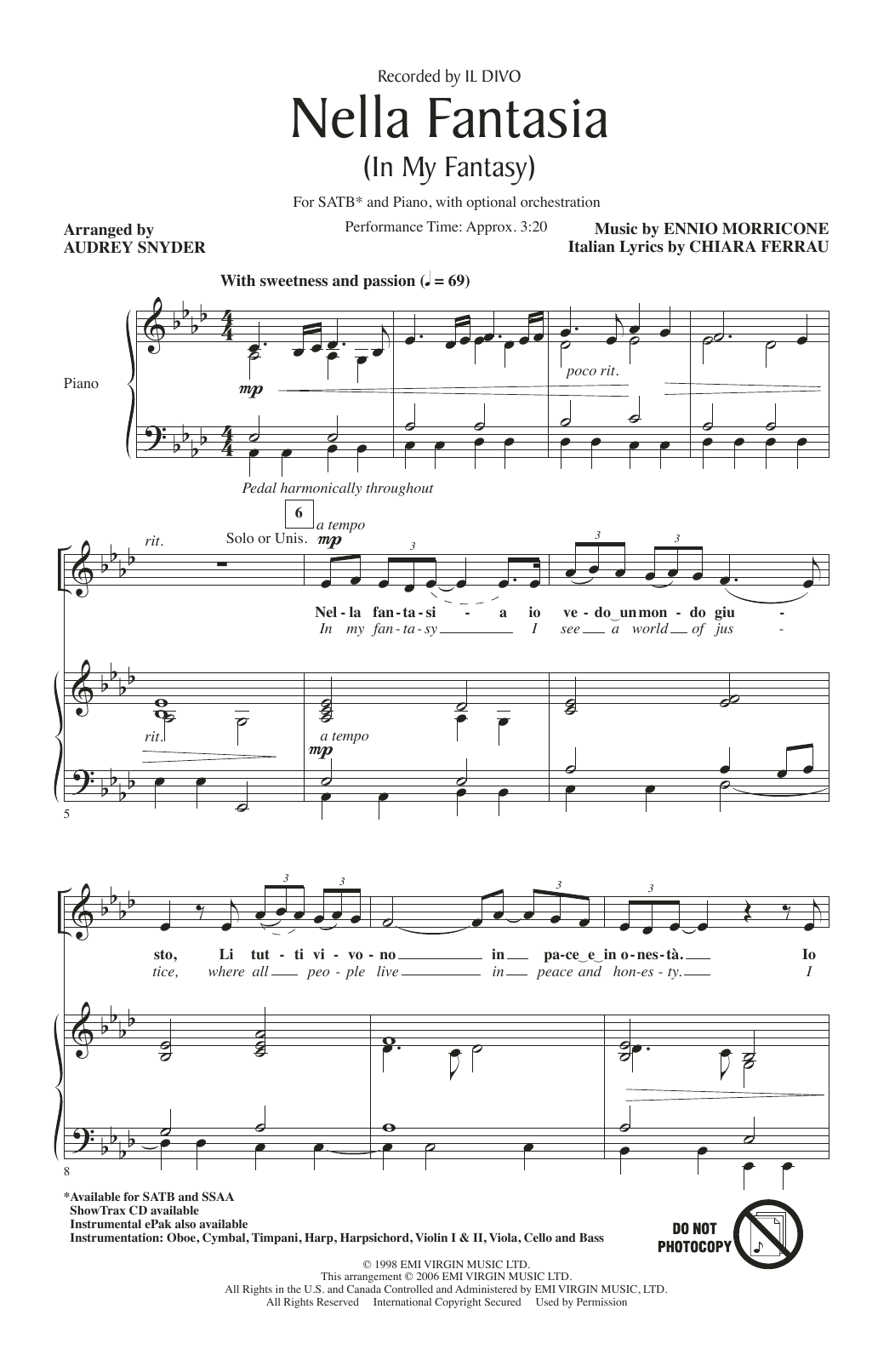 Il Divo Nella Fantasia (In My Fantasy) (arr. Audrey Snyder) sheet music notes and chords arranged for SATB Choir