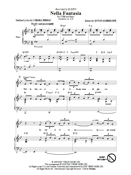 Il Divo Nella Fantasia (In My Fantasy) sheet music notes and chords arranged for TTBB Choir