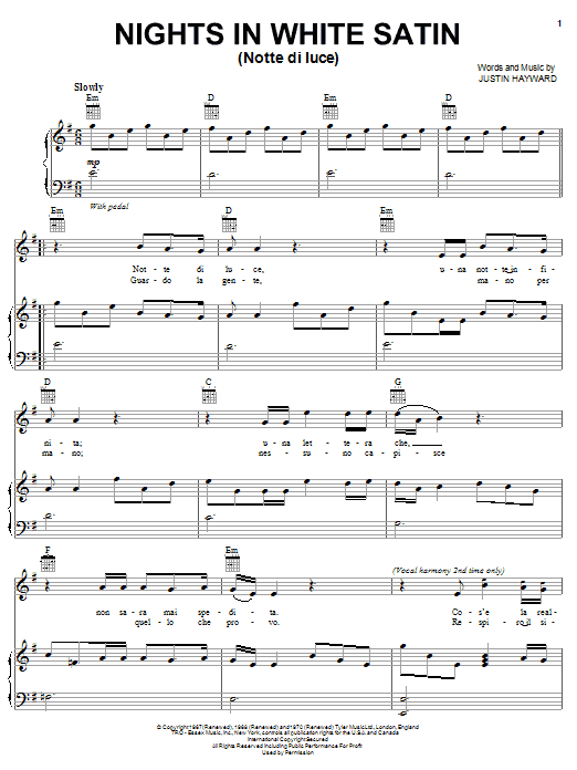 Il Divo Nights In White Satin (Notte Di Luce) sheet music notes and chords arranged for Piano, Vocal & Guitar Chords (Right-Hand Melody)