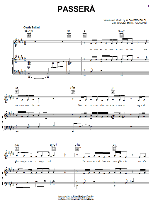 Il Divo Passera sheet music notes and chords arranged for Piano, Vocal & Guitar Chords (Right-Hand Melody)