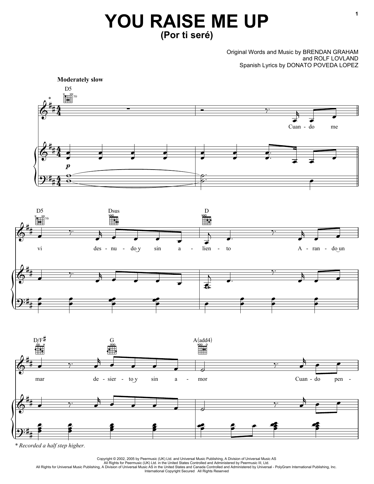 Il Divo Por Ti Sere (You Raise Me Up) sheet music notes and chords arranged for Piano, Vocal & Guitar Chords (Right-Hand Melody)