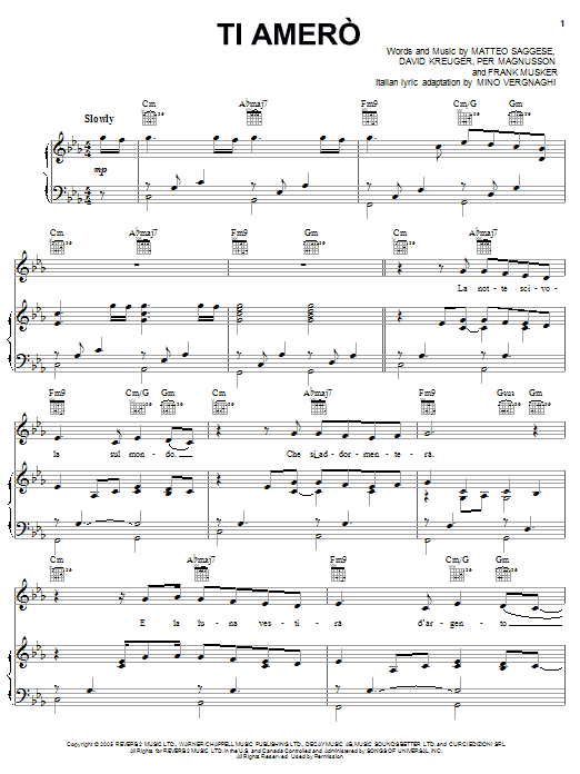 Il Divo Ti Amero sheet music notes and chords arranged for Piano, Vocal & Guitar Chords (Right-Hand Melody)