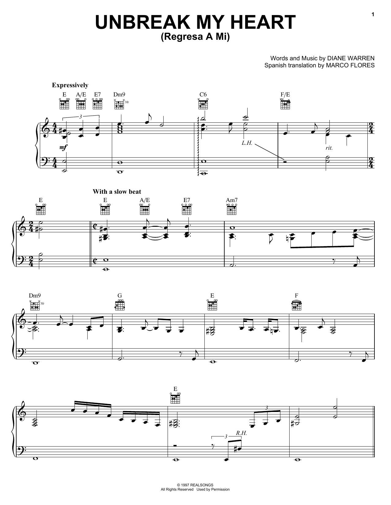 Diane Warren Un-break My Heart sheet music notes and chords arranged for Piano, Vocal & Guitar Chords (Right-Hand Melody)