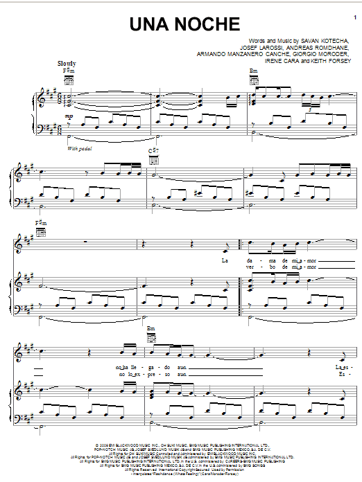 Il Divo Una Noche sheet music notes and chords arranged for Piano, Vocal & Guitar Chords (Right-Hand Melody)