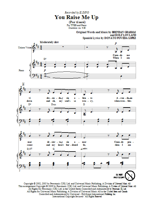 Il Divo You Raise Me Up sheet music notes and chords arranged for TTBB Choir