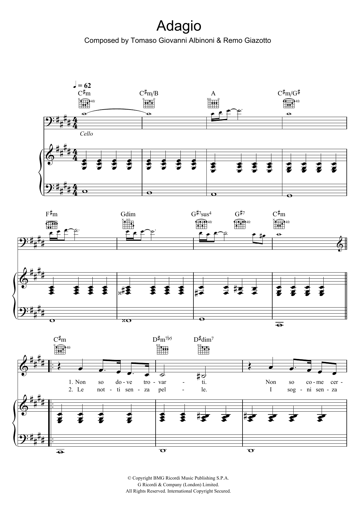 Il Divo Adagio in G Minor sheet music notes and chords arranged for Piano, Vocal & Guitar Chords