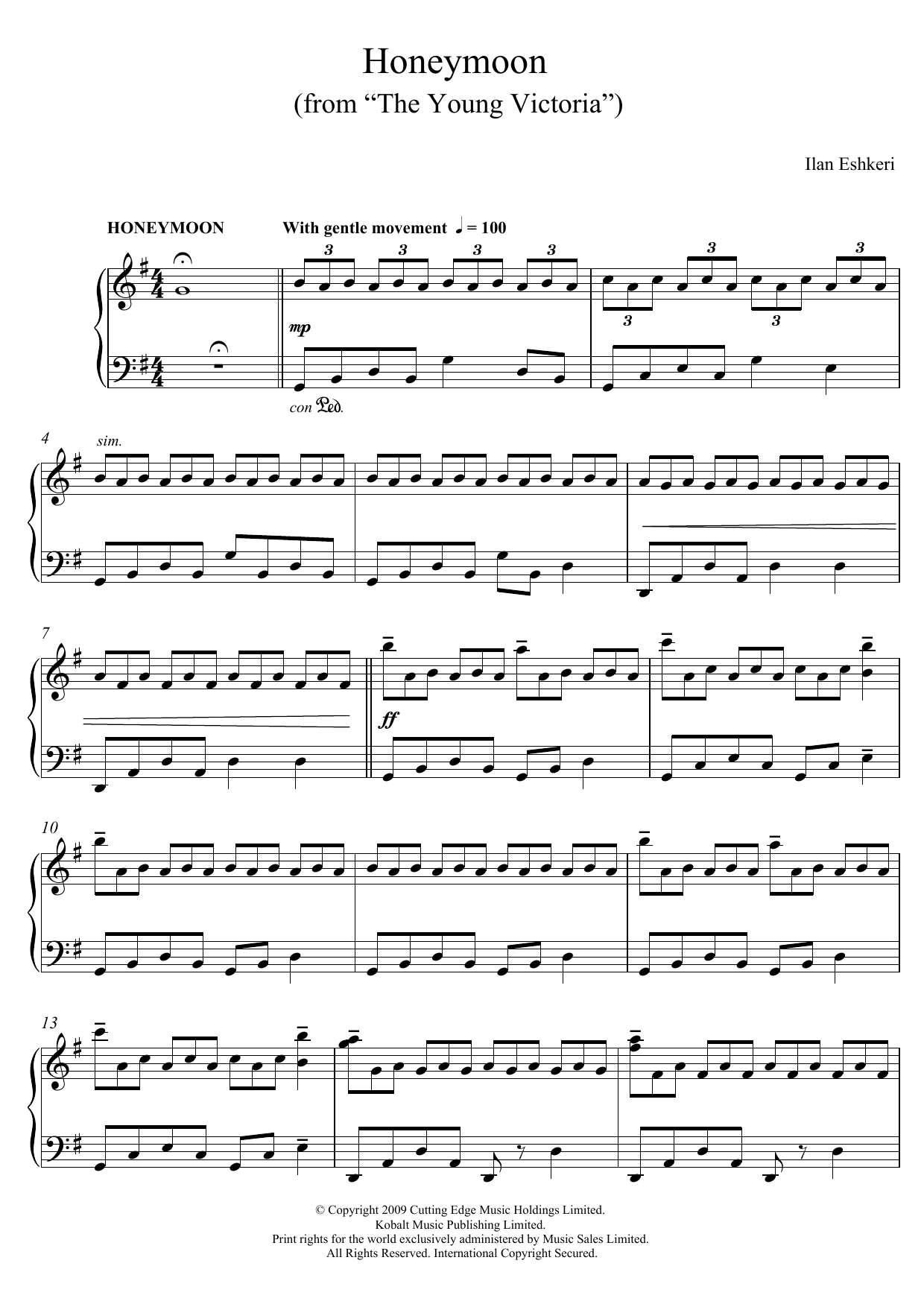 Ilan Eshkeri Honeymoon (from The Young Victoria) sheet music notes and chords arranged for Piano Solo