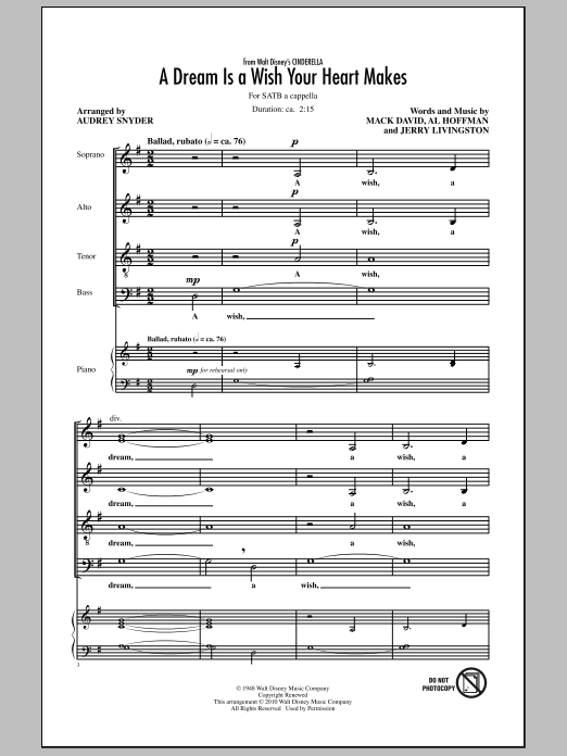 Ilene Woods A Dream Is A Wish Your Heart Makes (from Cinderella) (arr. Audrey Snyder) sheet music notes and chords arranged for SATB Choir