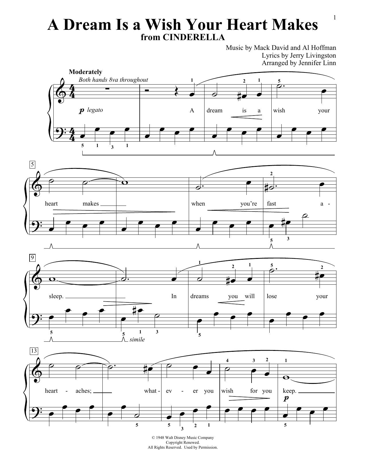 Ilene Woods A Dream Is A Wish Your Heart Makes (from Cinderella) (arr. Jennifer Linn) sheet music notes and chords arranged for Educational Piano