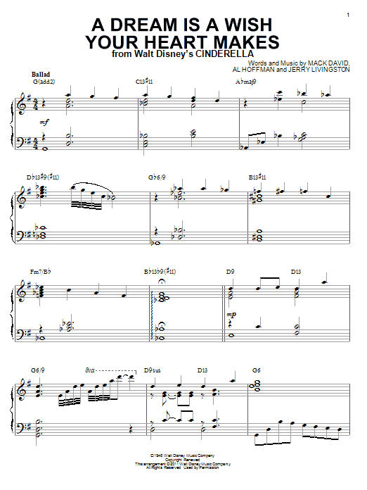 Ilene Woods A Dream Is A Wish Your Heart Makes [Jazz version] (from Cinderella) (arr. Brent Edstrom) sheet music notes and chords arranged for Piano Solo